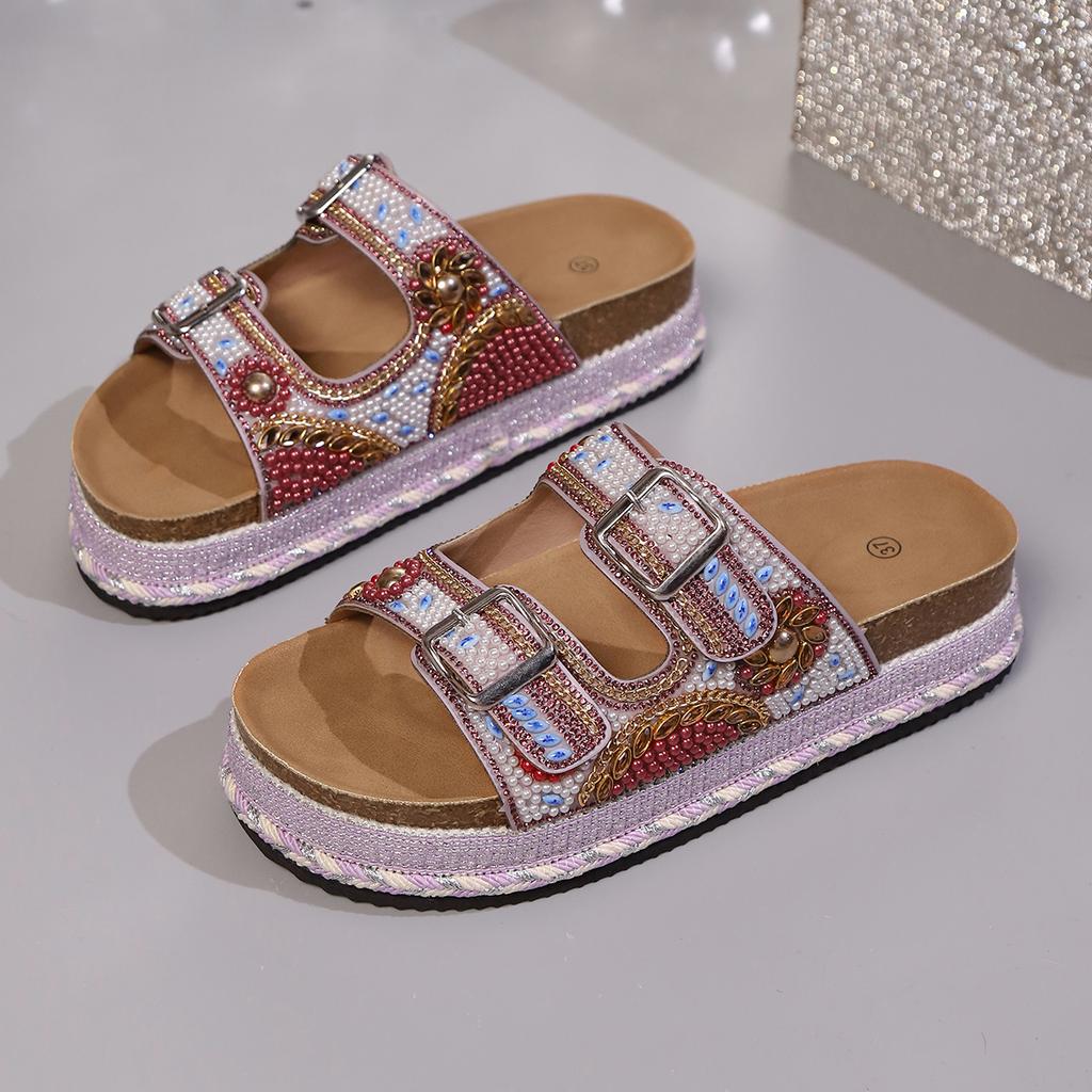Fashion Rhinestone Platform Cool Mopping Women's Fashion Round Toe Open Toe Metal Buckle Anti-slip Wear-resistant Flats