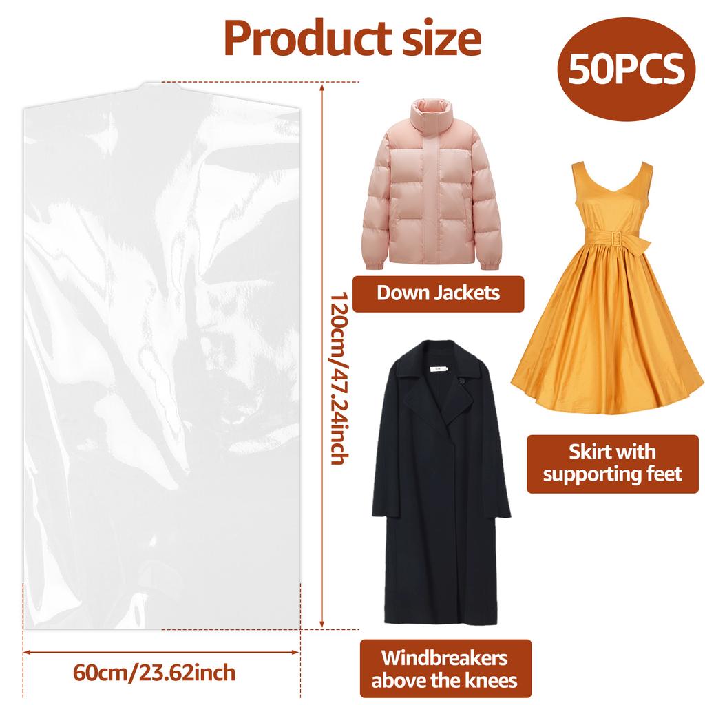 50/100Pcs Dust-proof Plastic Clothes Covers Clear Garments Bag 3 Sizes Reusable Dry Cleaning Bag for Protect Clothes Dress Suits