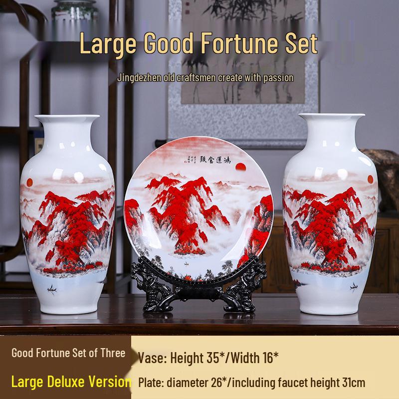 Good Fortune Jingdezhen Ceramic Vase Set: 3-Piece Décor for Living Room, Curio Shelf, or TV Cabinet