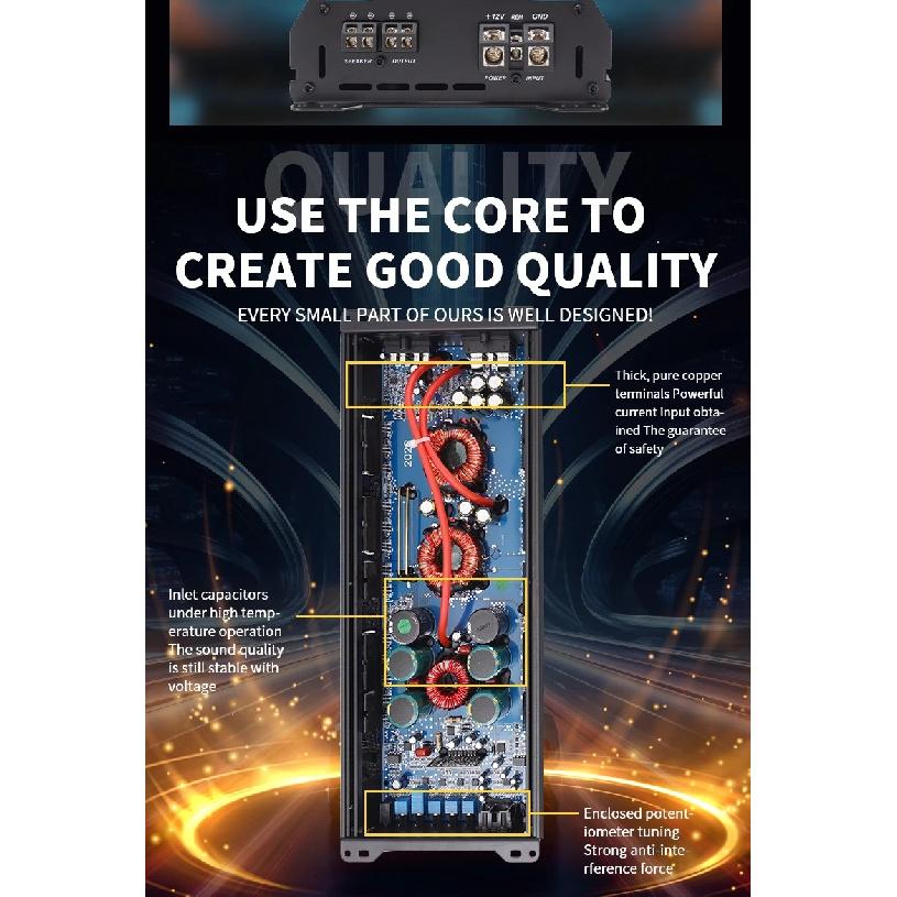 Car Max 1500W single-channel car audio amplifier, low distortion, smooth sound quality, Class D high-power car power amplifier,