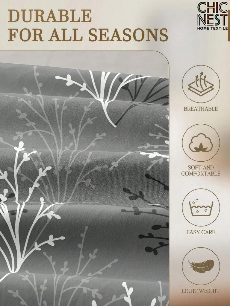 3PCS Gray Fitted Sheet Set Modern Style White Tree Branche Leaf Pattern Print Flat Sheet With 2Pillowcases For Dormitory Decor