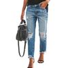 Women Denim Pants with Pockets Ripped Holes Buttons Zippered Placket Slim-Cut Long