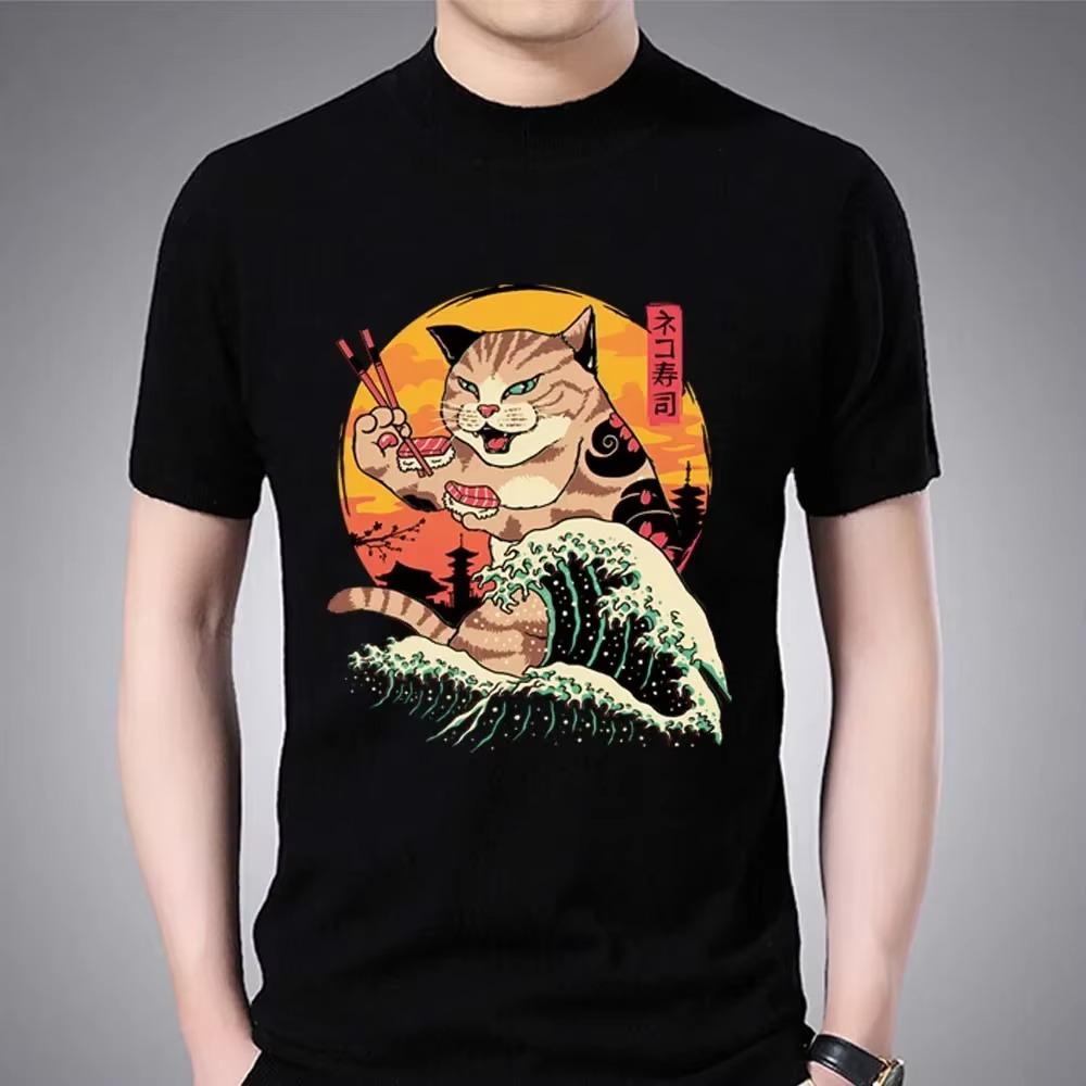 Men Summer T-shirt Basic Print Tops Japan Anime Genki Cat Series Casual O-neck Fashion Men Commuter Comfortable Tees