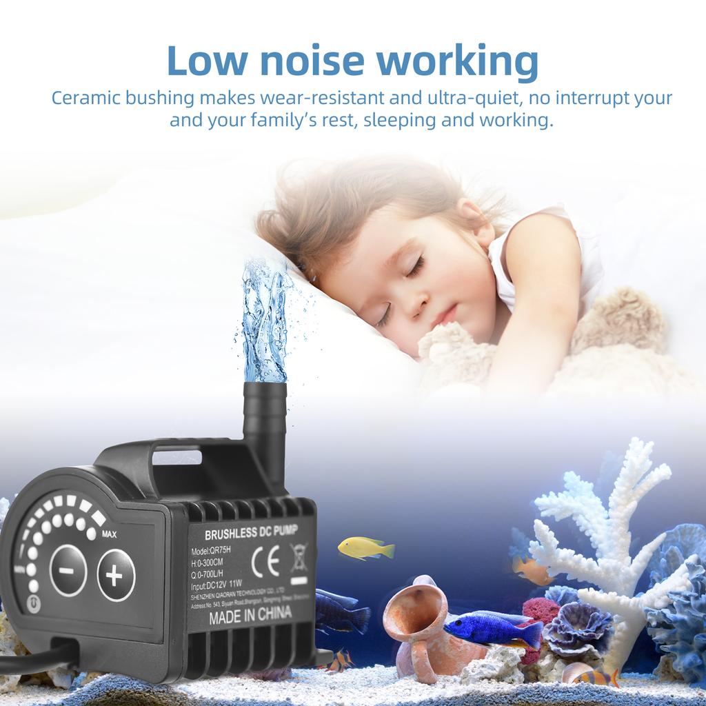 Submersible 12V Water Pump 8 Levels Adjustable 0-700L/H Fountain Pump with 0-9.8ft Lift, DC Female Plug and Suction Cup Base