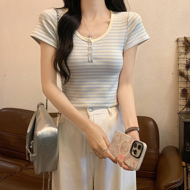 Summer 2025 Striped Slim Fit Short-Sleeved T-Shirt - Trendy American Style, Pure & Sexy Round Neck Women's Top