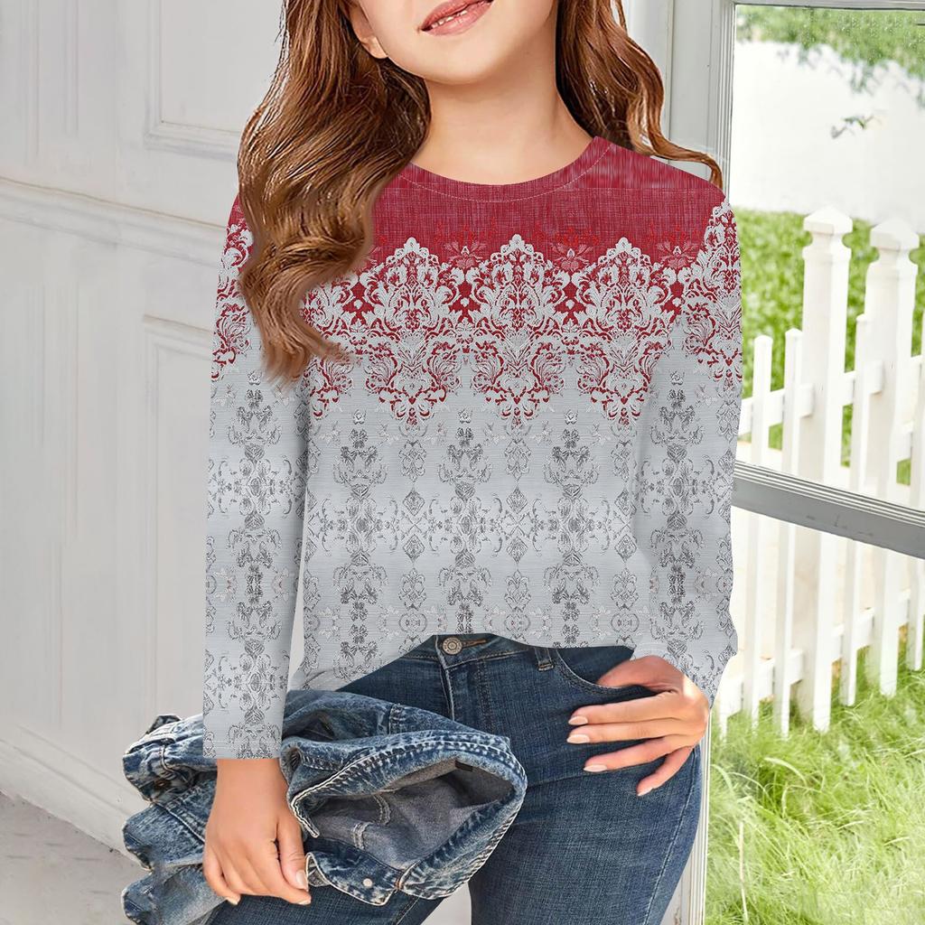 Футболки с длинным рукавом для девочек, детские осенние топы с круглым вырезом и принтом, базовые футболки для детей 5–14 лет