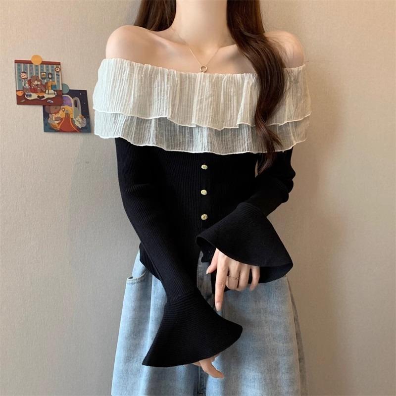 Lotus Leaf Edge One-word Shoulder Horn Sleeve Black T-shirt Women's Early Autumn Temperament Thin Design Short Top