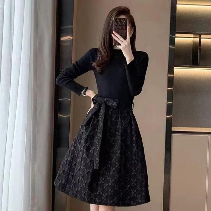Luxury Women's Black Jacquard A-Line Dress - 2025 Spring Collection