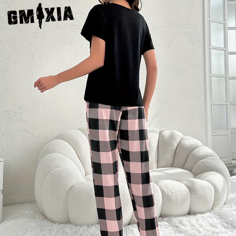 GMXIA Women's Plaid Homewear Pajamas Two Piece Set with Pockets Casual Comfortable Wearable Thin Pajamas