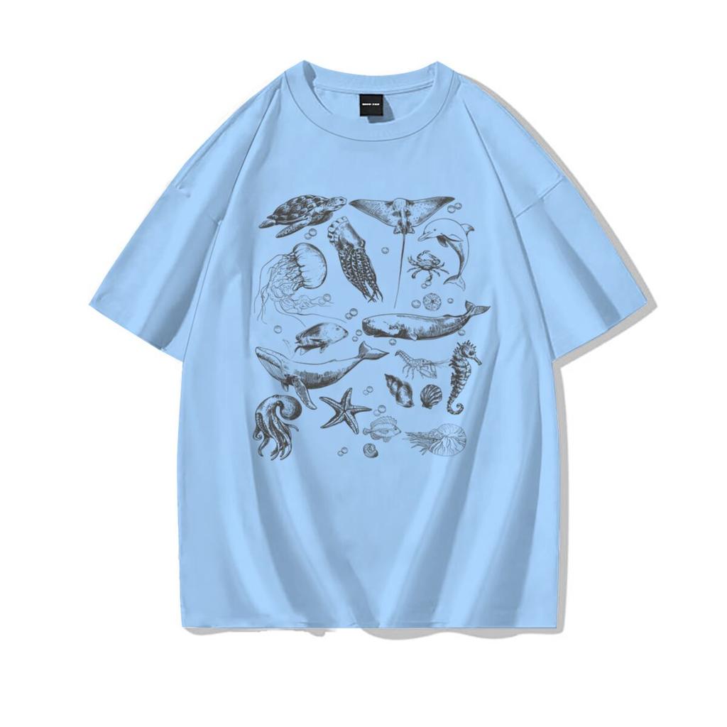 Loose Fit Unisexs Ocean Animals Tshirts Harajuku Trend Girls Short Sleeve Tee Summer Clothes Girl Casual Round Neck Cotton Tee
