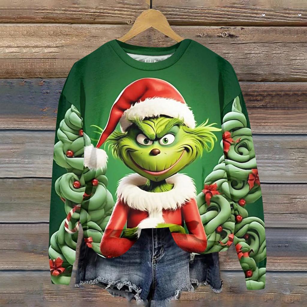 Women's Fashion Christmas Printed Long Sleeve Loose Round Neck Sweatshirt Top