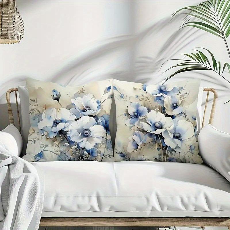 Soft Blue Anemone Watercolor Pillowcase: Minimalist Floral-Themed Cushion Cover For Home Sofa Decor
