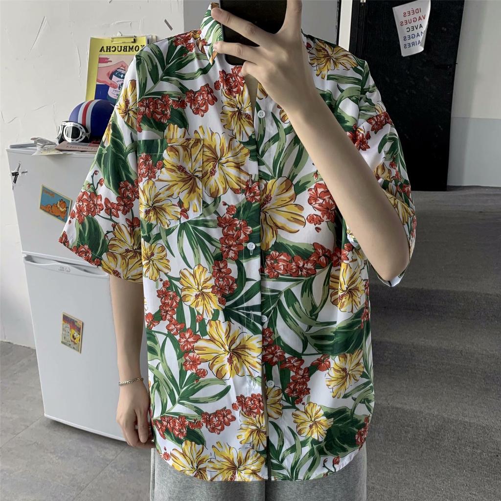 Hawaiian Men's Casual Flower Shirt Hong Kong Style Retro Beach Shirt Floral Couple Flower Shirt Short Sleeve Men