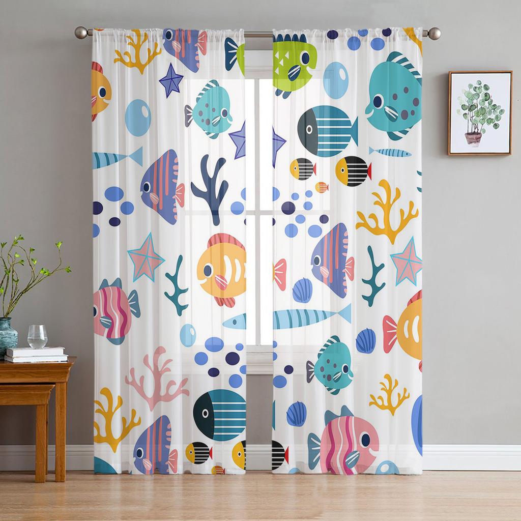 Мультяшные животные, рыбы, коралловые ракушки, симпатичные прозрачные занавески для окон, тюль, шторы для гостиной, спальни, домашнего декора отеля, вуаль, шторы