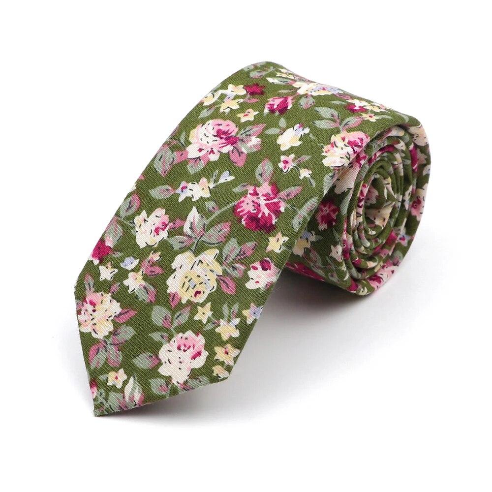 Новый стильный галстук с цветочным принтом 6 см, синий, зеленый, фиолетовый, узкий галстук из 100% хлопка для мужчин и женщин, костюмы для свадебной вечеринки, рубашка, аксессуар