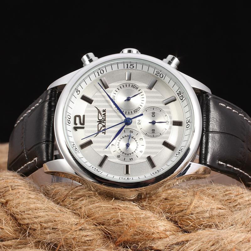 JARAGAR Classic Men's Watch Automatic Mechanical Self-Wind Day Date 24 Hour Genuine Leather Strap Business Wristwatch Male Clock