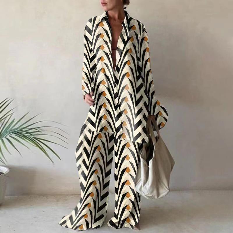 2022 Women's Fashion Print Set: Loose Long-Sleeve Shirt + Straight-Leg Pants