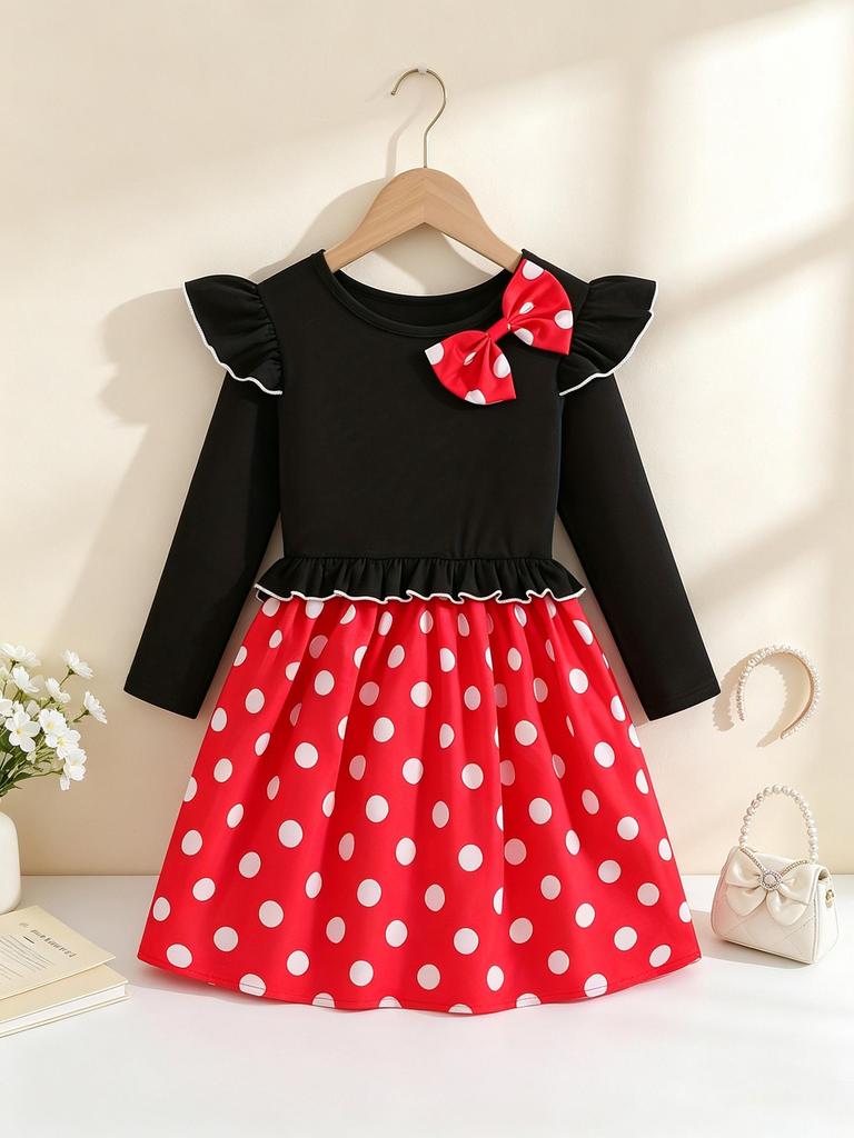 Girls Long Sleeve Red Polka Dot Bow Dress Kids Spring Autumn Princess Dress