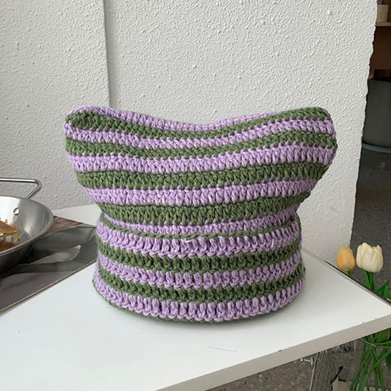 Милая вязаная шапка-бини в полоску с рогом дьявола, осенне-зимняя вязаная шерстяная шапка, острый пуловер для девочек с кошачьими ушками, женские шапки с капюшоном