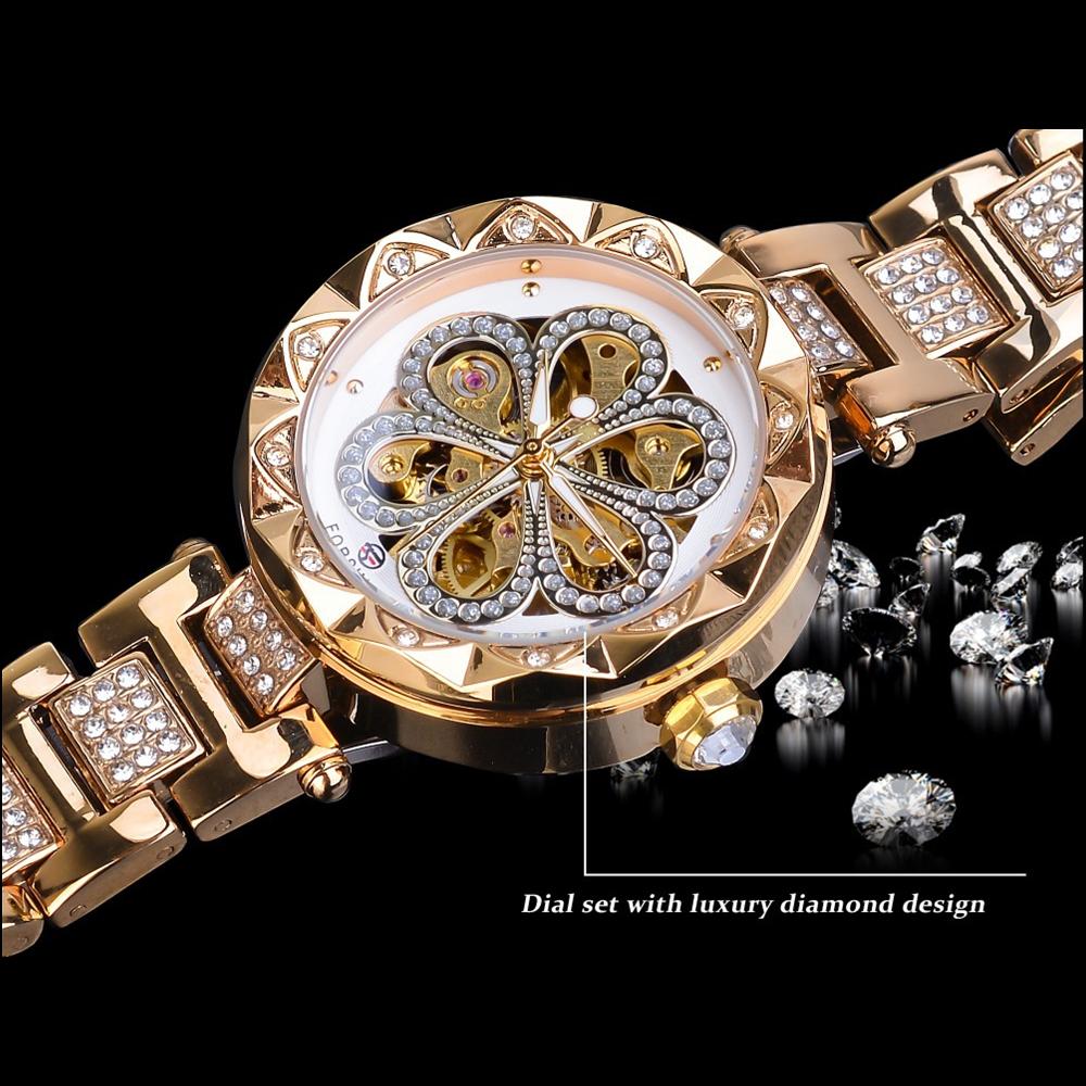 Forsining Автоматические механические часы с циферблатом-скелетоном, модные, повседневные, со стразами, водонепроницаемые, женские, элегантные, женские