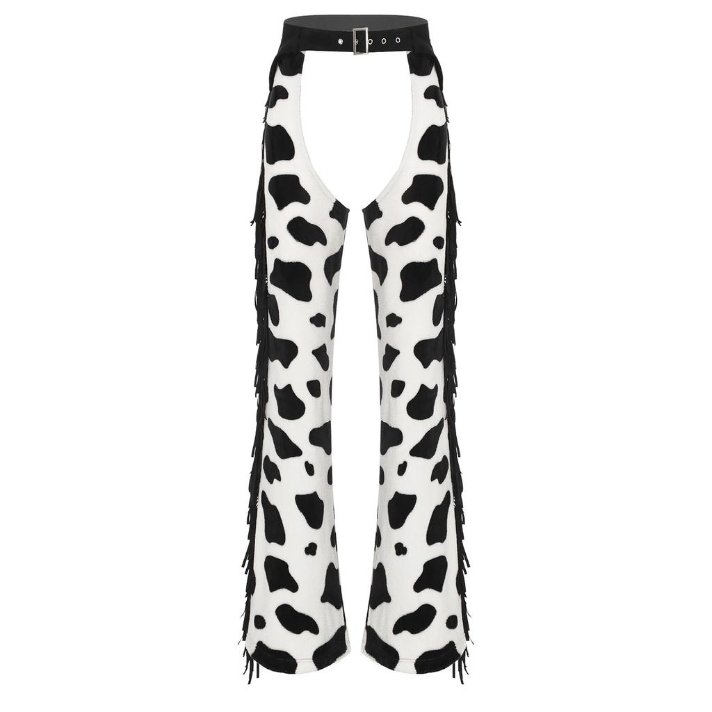 Womens Cow Spot Pattern Flannel Long Pants - with Side Tassel, Adjustable Waist, Open Crotch for Biking Riding Cowgirl Chaps Halloween Cosplay