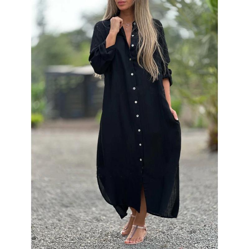 Women's Plus Size Maxi Dress Lapel V-Neck Long Sleeve Dress Casual Solid Color Single-Breasted Long Dress