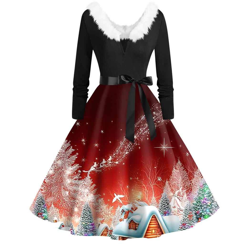 Женская мода с v-образным вырезом, повседневные тонкие рождественские платья с воротником из волос и длинными рукавами с принтом
