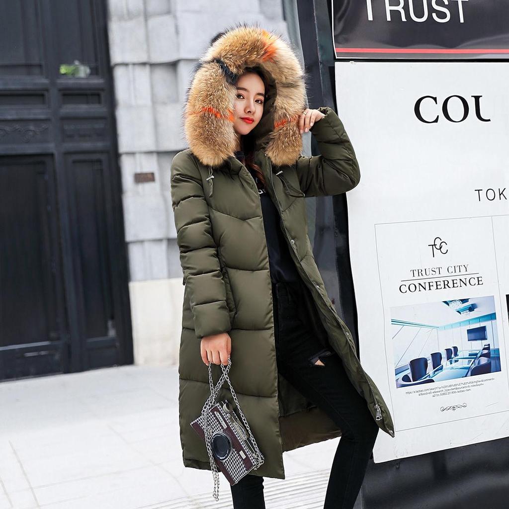 Женская зимняя пуховая куртка с хлопковой подкладкой, пальто, парка с длинным меховым воротником и капюшоном, большой карман на молнии, теплая свободная однотонная...
