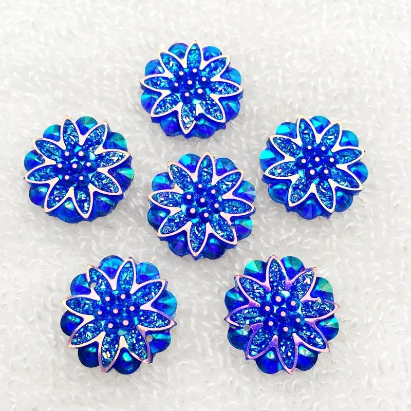 20pcs 18mm Round Flower AB Resin Crystal Strass Applique and 2 Holes Buttons for Diy Clothing - HA27