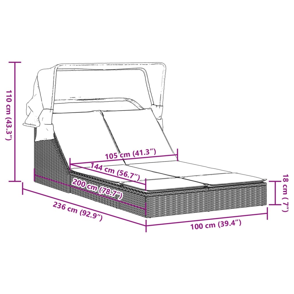 Double Sun Lounger with Canopy and Cushions Beige Poly Rattan