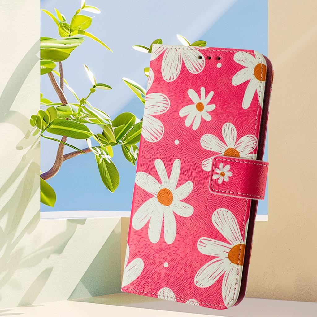 Роскошный кожаный чехол-книжка с розовым рисунком в виде ромашки для Motorola Moto G60, G40 Fusion, G10, G20, G30, G Play, G Power, Edge 50 NEO...