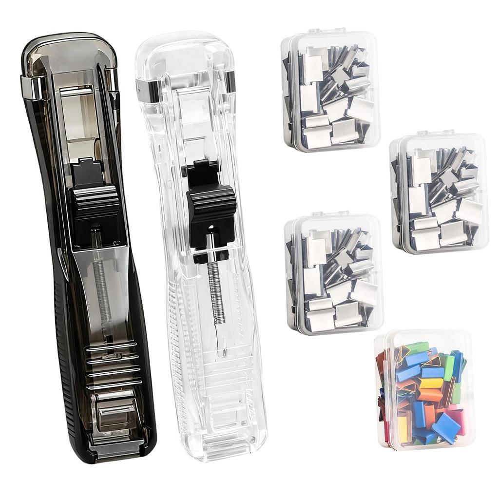 2PCS Paper Clip Dispenser with 200PCS Clam Clips Portable Mini Stapler Holeless Stationery Push Clip and Paper Clamp for School Office Home 2 Color