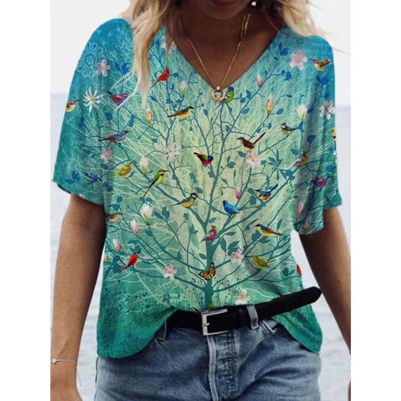 Летний топ с V-образным вырезом и 3D-принтом птицы, модная повседневная женская футболка с коротким рукавом