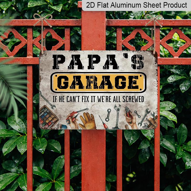 2D Flat 1pc Papa's Garage Aluminium Sign 8x12" - Rustic Garage Wall Decor, Fathers Day Gift, Tools & Gloves Design