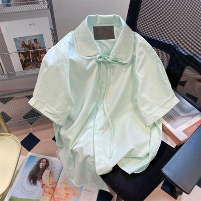 Женская рубашка с короткими рукавами цвета мяты и зеленого цвета, уникальный двухслойный дизайн воротника-стойки, женские топы, летняя рубашка во французском стиле в стиле минимализма