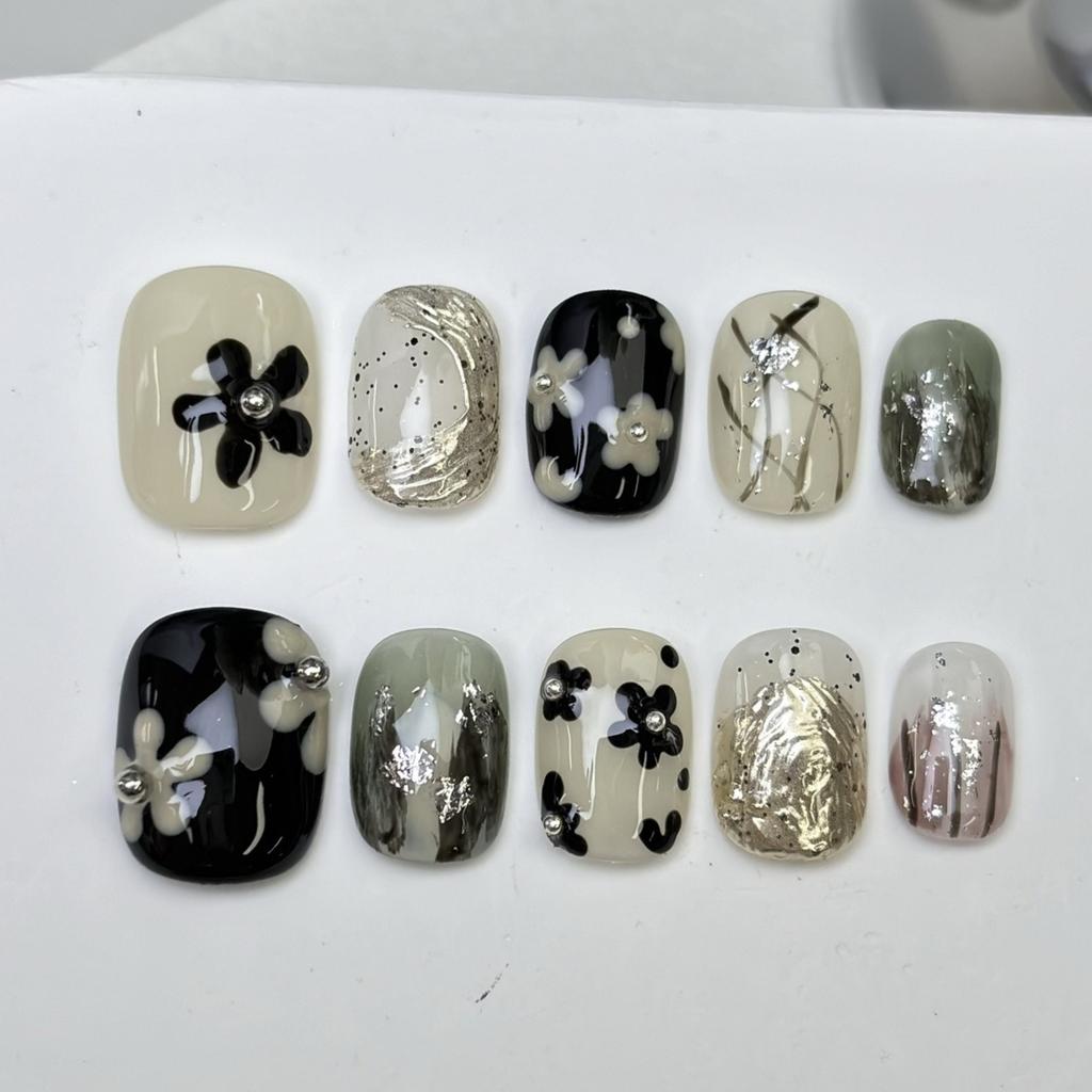 10Pcs Black Handmade Press on Nails Full Cover Bow Tie Pearl Design Sweet French Elegant Ballerina False Nails Wearable Manicure