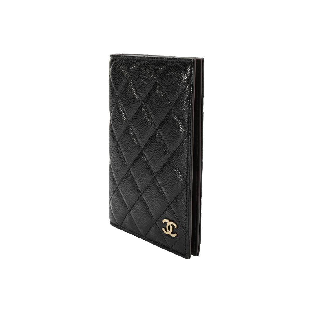 Chanel 23B Золотая этикетка Логотип Узор с бриллиантами Зернистая личи Кожаный Держатель для паспорта Держатель для карт Сумка для женщин Черный