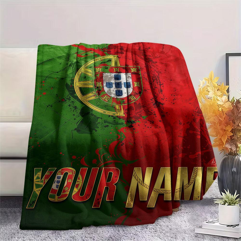 Custom Name,Portugal Flag Map Art Printed Flannel Blanket, soft throw for bedroom sofa, washable,fan merchandise, great gift.chl