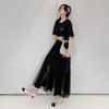 Dimanaf Women New 2025 Summer Plus Size Casual Short Sleeve Dress Basic Loose Long Dress Maxi Black Lace
