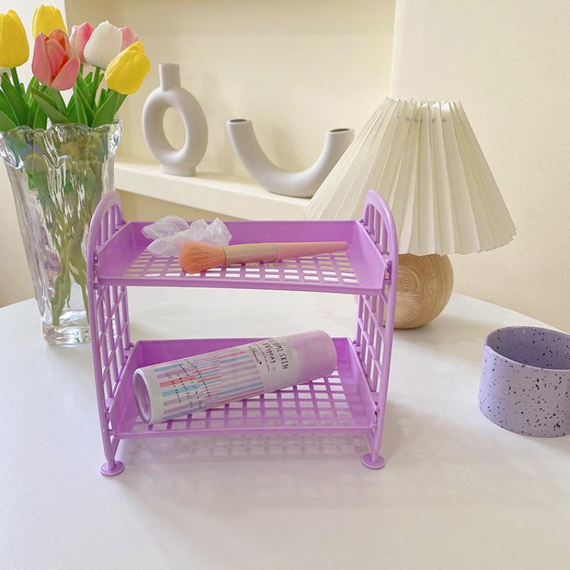 Kawaii двухслойный стеллаж для хранения, настольная складная стойка для хранения макияжа, полка для хранения косметики, отделка общежития, ванная комната