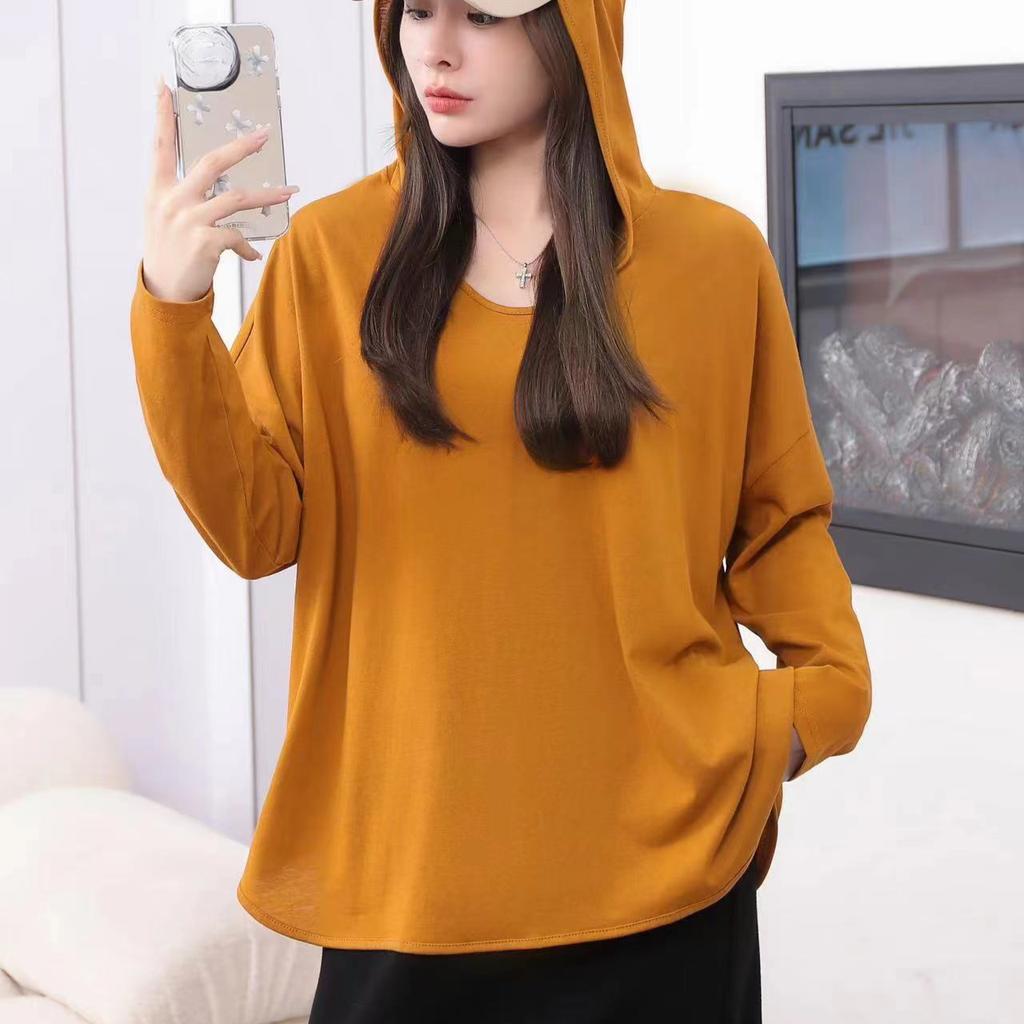 Dimanaf 2024 плюс размер, осенняя однотонная футболка с капюшоном, женские асимметричные однотонные свободные топы с длинными рукавами, футболки