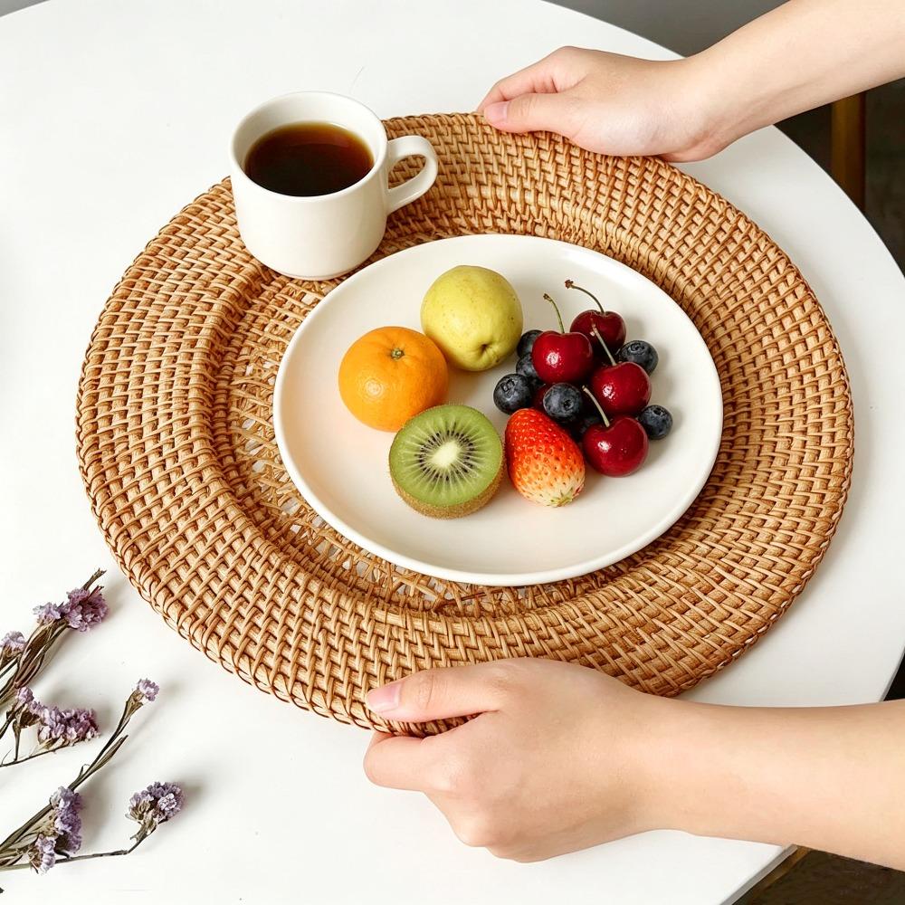 Vintage Tableware Mat Decorative Snack Serving Tray Nordic Handwoven Rattan Tray Living Room