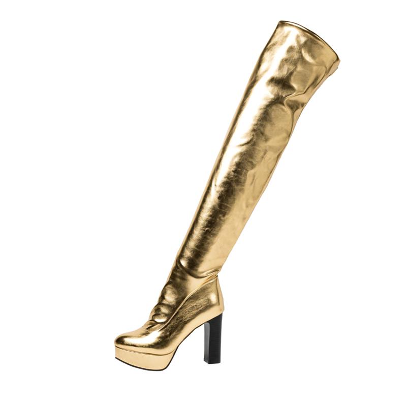 ANNYMOLI Женские сапоги до бедра с круглым носком на платформе и толстом высоком каблуке с молнией и плиссе с металлическим оттенком Длинные сапоги Женская модная обувь Осень-зима