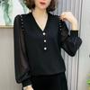 Office Lady Solid Color Spliced V-Neck Shirt Casual Loose Chic Pearl Button Spring Autumn Stylish Beading Women's Korean Blouse