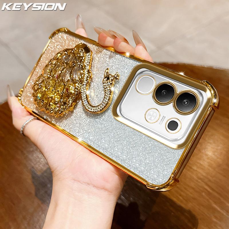 KEYSION Противоударный чехол с гальваническим покрытием для VIVO Y29 4G Прозрачный Мягкий ТПУ Блестящий Чехол-подставка в виде лебедя с драгоценными камнями Задняя крышка для IQOO Z10X 5G