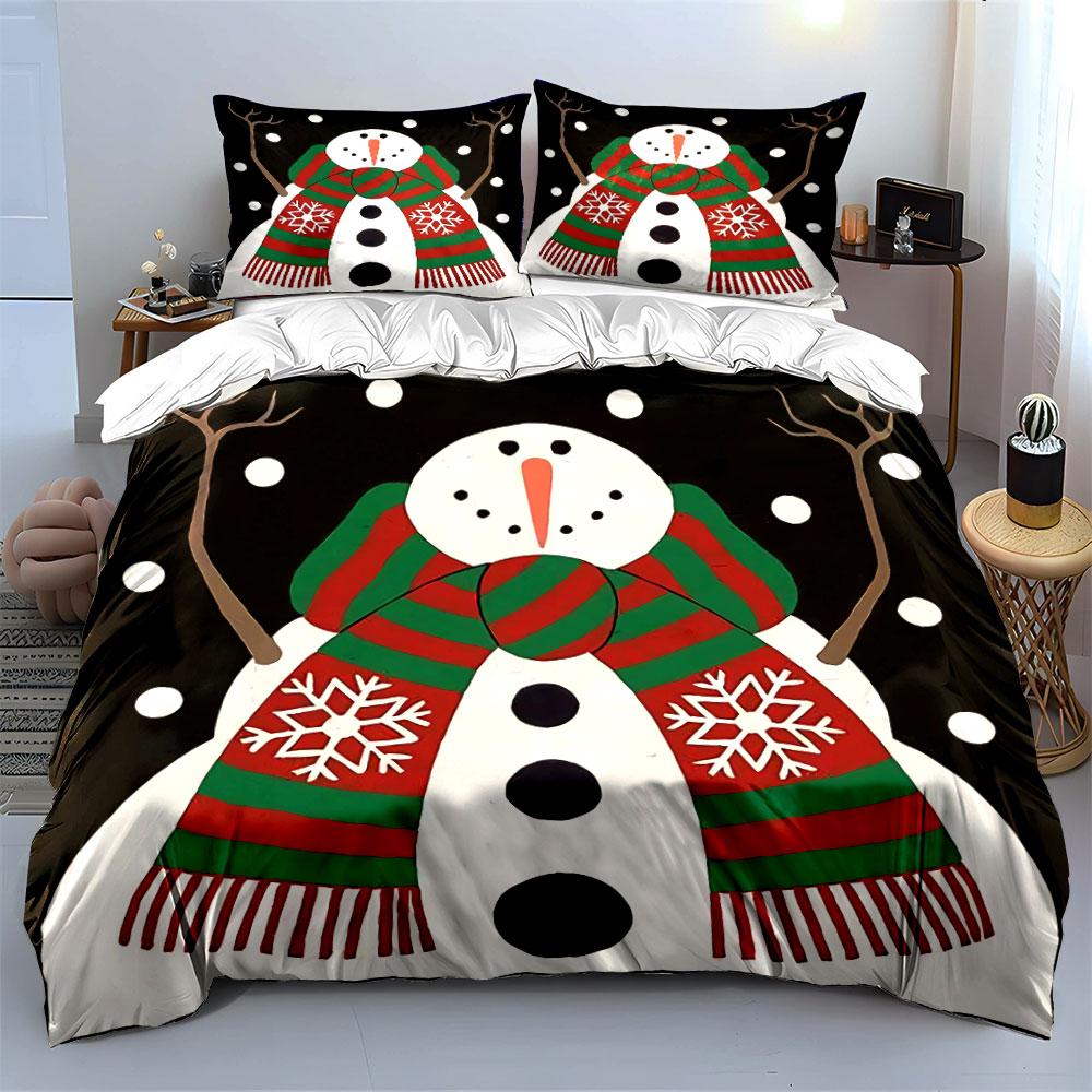 Snowman with Red Green Scarf Bedding Duvet Cover Set Duvet Cover Pillowcases (1*Duvet Cover 2*Pillowcases, without duvet insert)