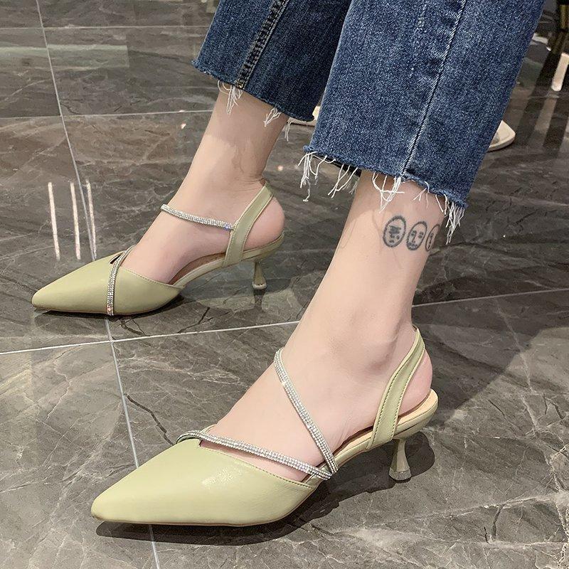 Sandals Women's Middle Heel Fairy Style Pointed  New RhinestoneThick High Heels Black Luxury Designer Summer Footwear 2024