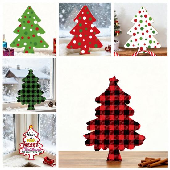 Grid Pattern Tree Decor Christmas Wooden Tabletop Decor, Plaid Polka Dots Xmas Wood Signs, Red Traditional Festive Ornaments Black Green Desktop