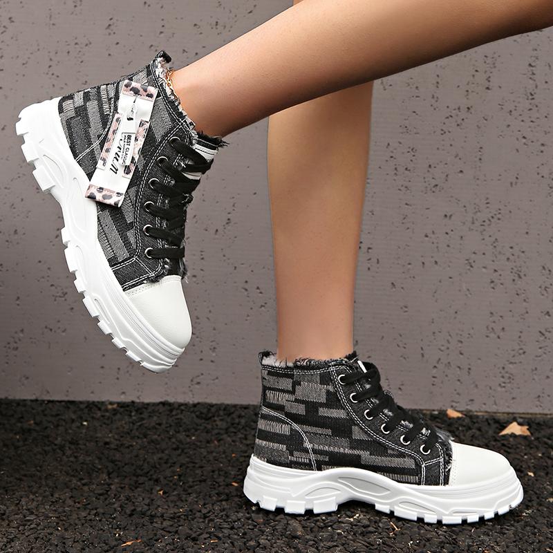 Fashion Womens Shoes High Top Lace Up Denim Canvas Shoes Women 2025 Thick Sole Zipper Decor Sneakers Woman Breathable Soft Sole Sneakers