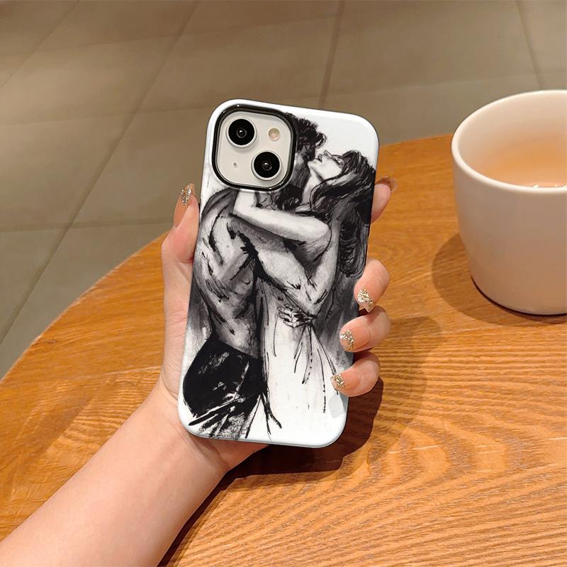 Черно-белая эскизная пара Арт Чехол для телефона для iPhone 14 15 16 Pro Max Эстетичный Романтичный Чехол с объятиями Ударопрочный Защитный корпус Подарок